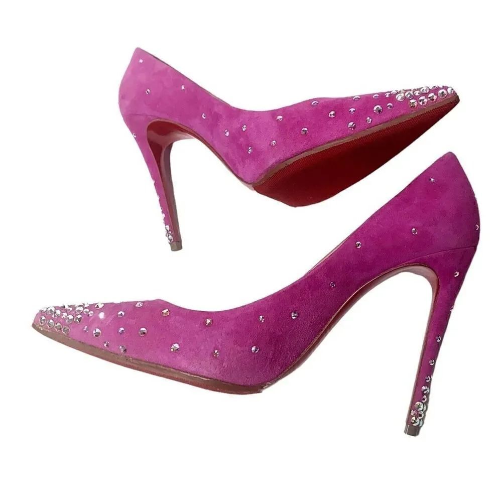 Christian Louboutin Pink Degrastrass 100 Suede/Stress Crystal Heel Pumps Size 37 - Picture 9 of 12
